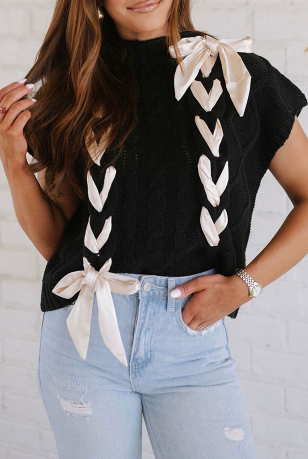 Cable Knit Satin Bow Short Sleeve Sweater