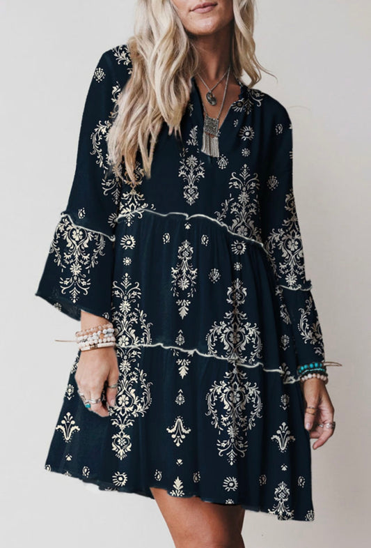 Black Boho Floral 3/4 Sleeve Dress