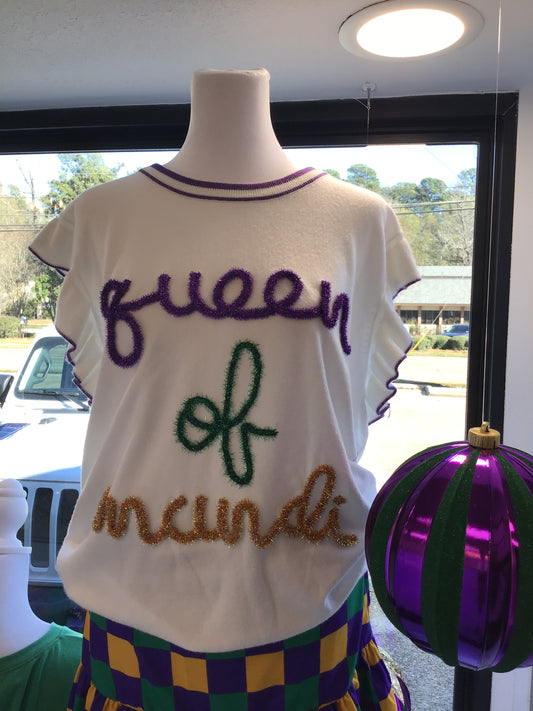 Mardi Gras tinsel “Queen of Mardi”  short ruffle sleeve sweater