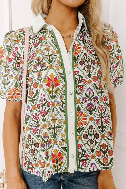 Warm Floral Puff Sleeve Top