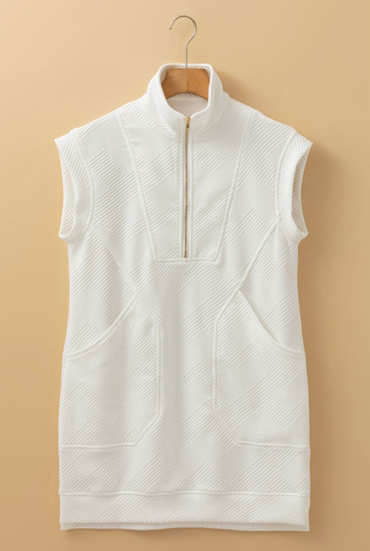 White Textured Half Zip Dress