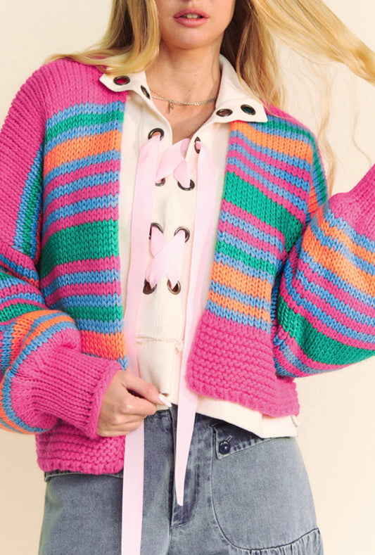 Pink & Colorful Stripe Drop Shoulder Cardigan