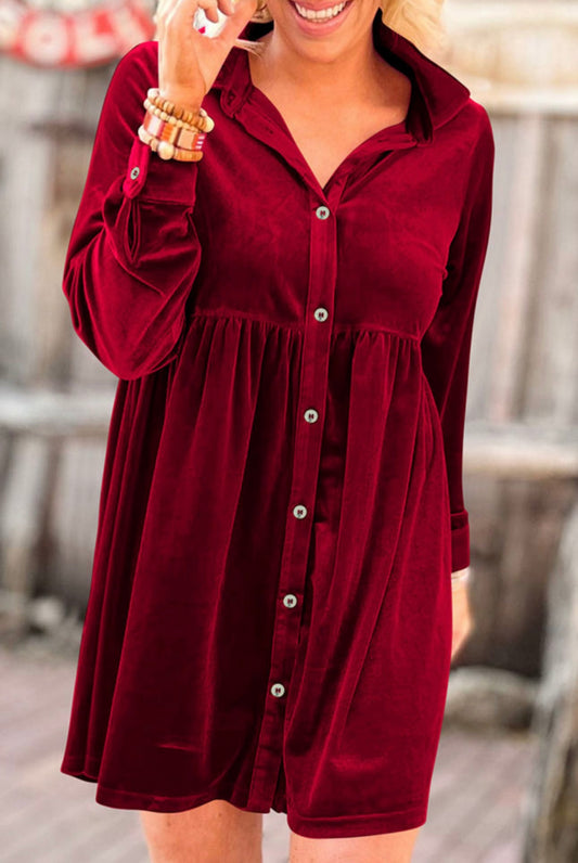 Red Velvet Buttoned Front  Dress