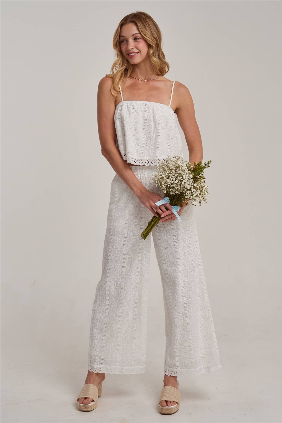 EYELET LACE CROPPED CAMI TOP AND WIDE LEG PANTS SUMMER SET