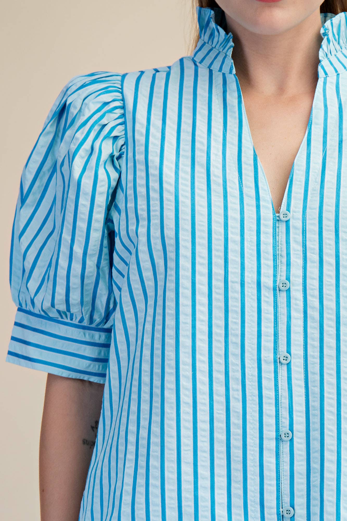 Blue Stripe Ruffle V-neck Puff Sleeve Button Down Top