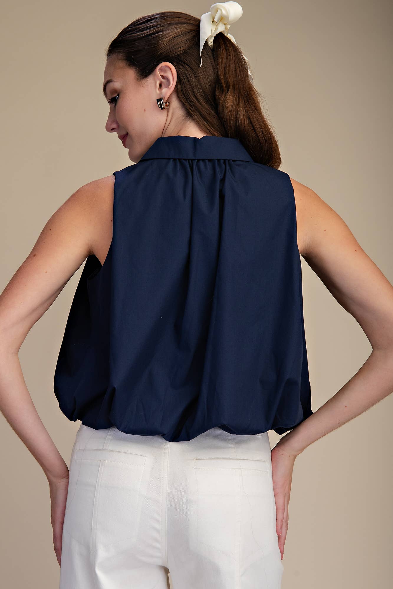 Navy Bubble Hem Sleeveless Shirt Top