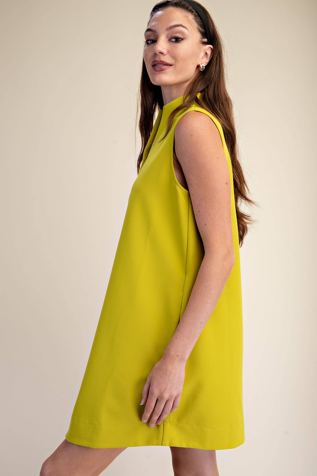 Lime Sleeveless Stand Collar Slit V-Neck Dress