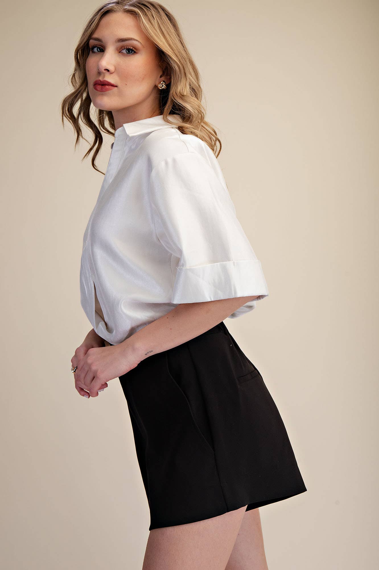 Deep Neck And Lapel Collar Short Sleeve Blouse