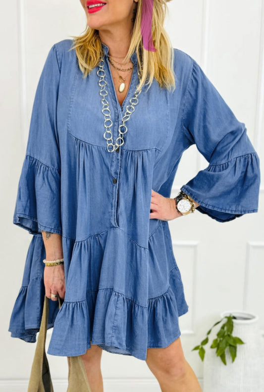 Chambray Ruffled 3/4 Sleeve Tier Dress