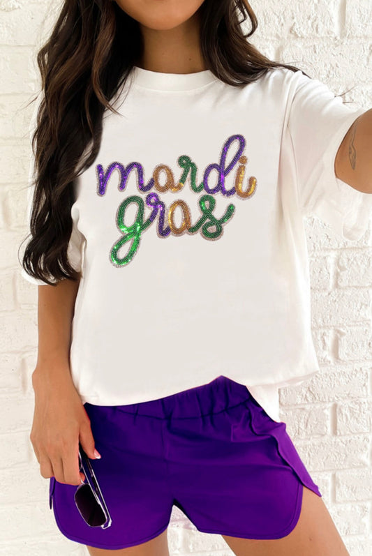 White Sequined Mardi Gras Tee