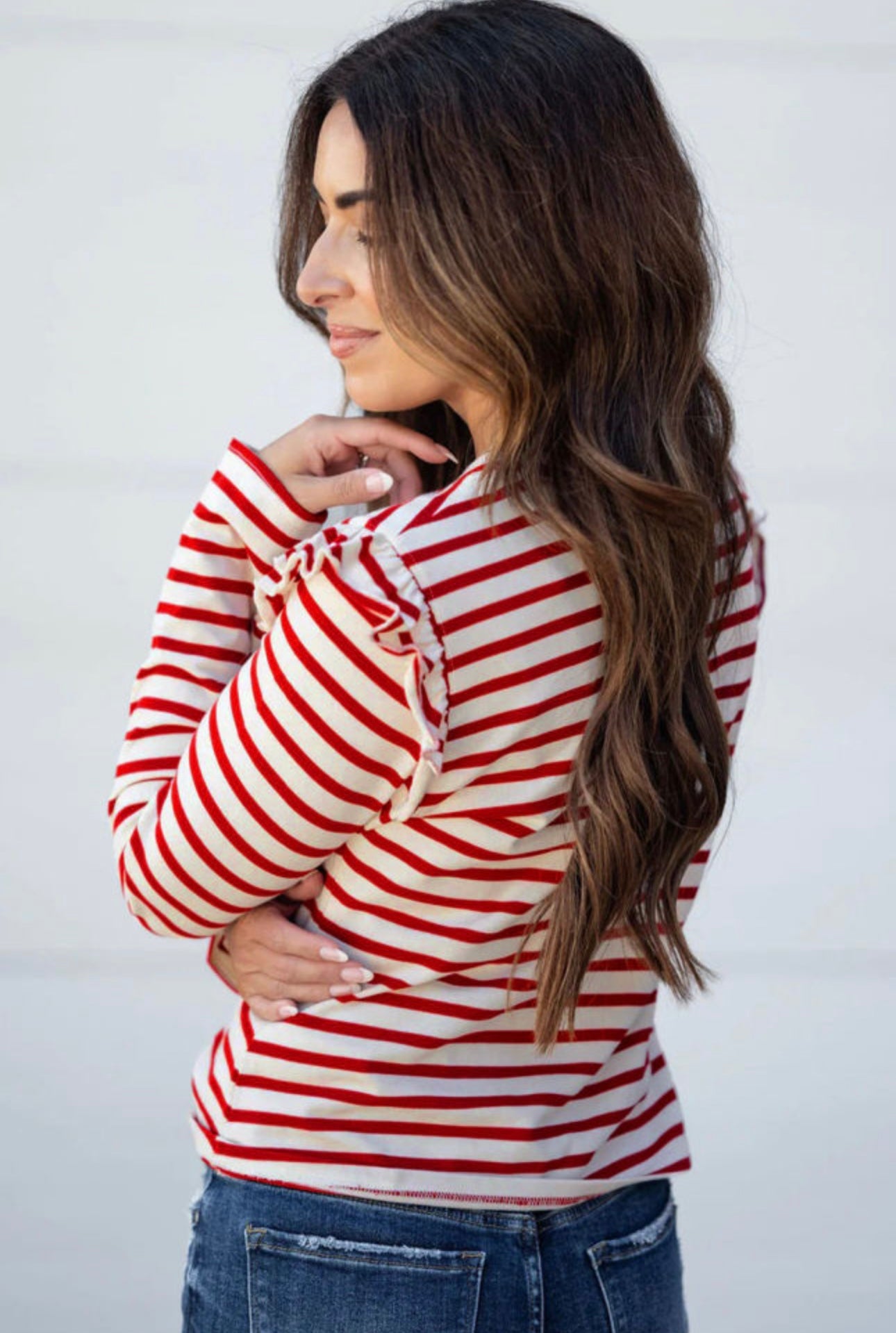 Red and White Stripe Ruffle Trim Long Sleeve Top