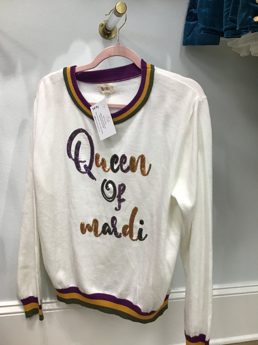 Sequined “Queen of Mardi” long sleeve sweater