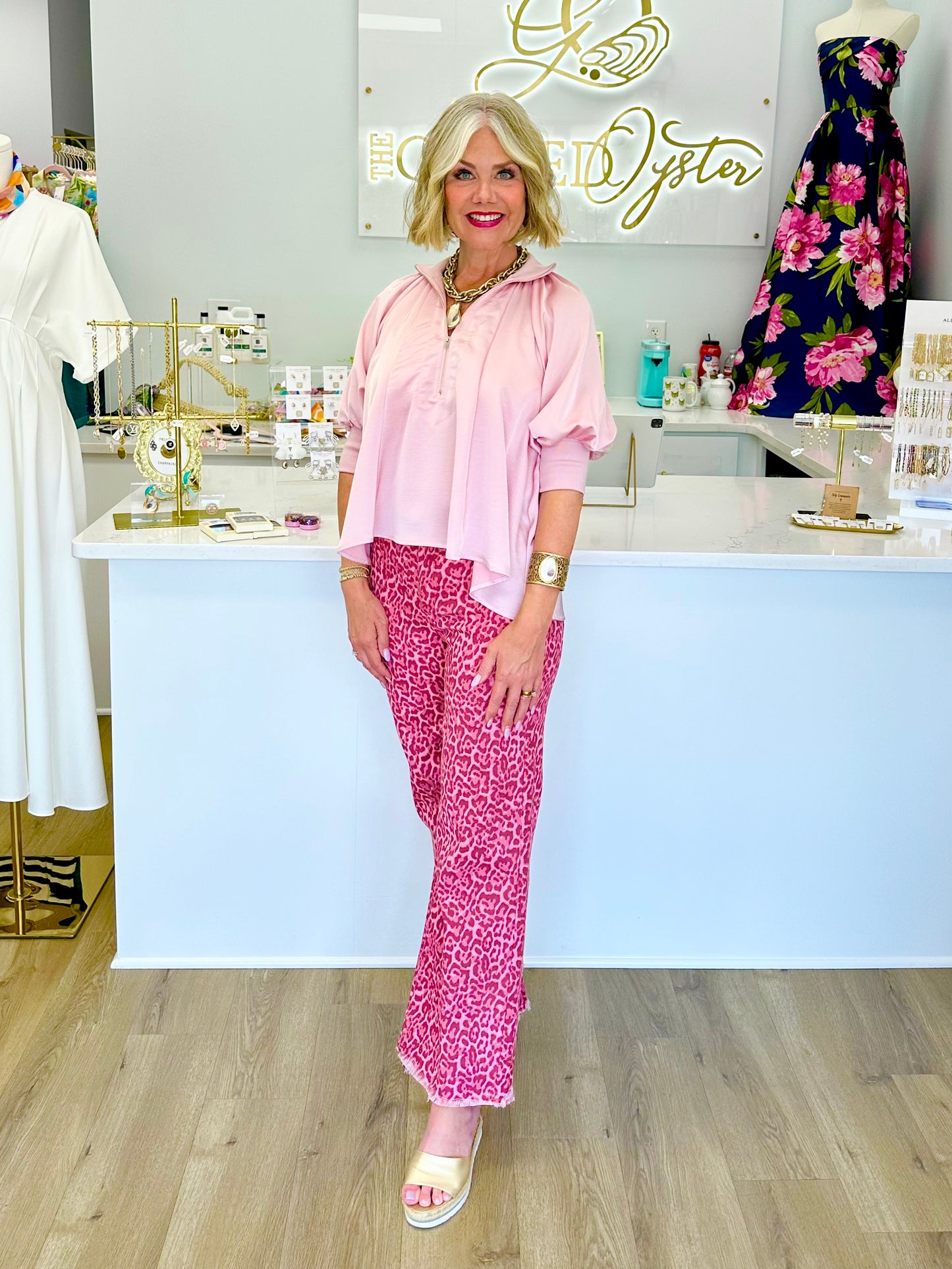 Pink Leopard Frayed Edge Wide Leg Jeans
