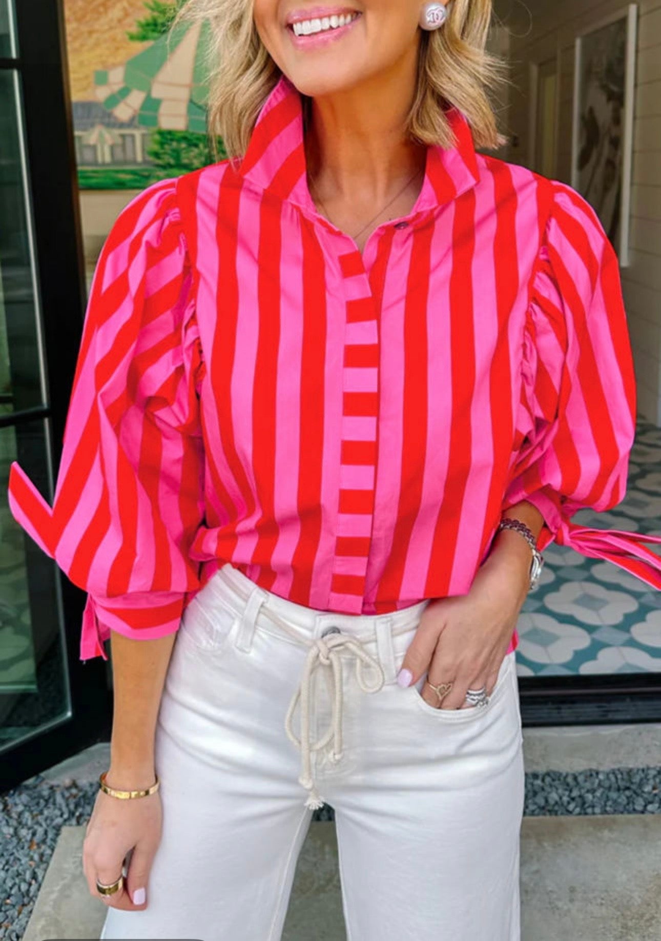 Red Stripe Tie Puff Sleeve Blouse
