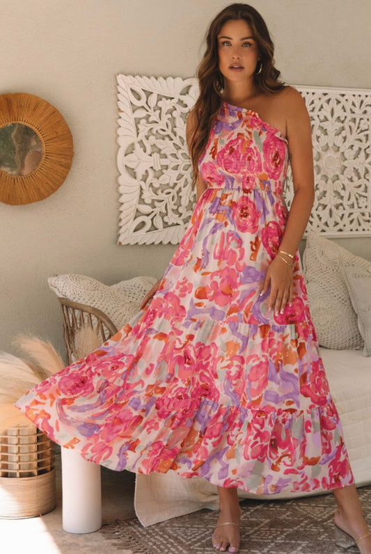 Pink Floral Smocked One Shoulder Maxi Dress