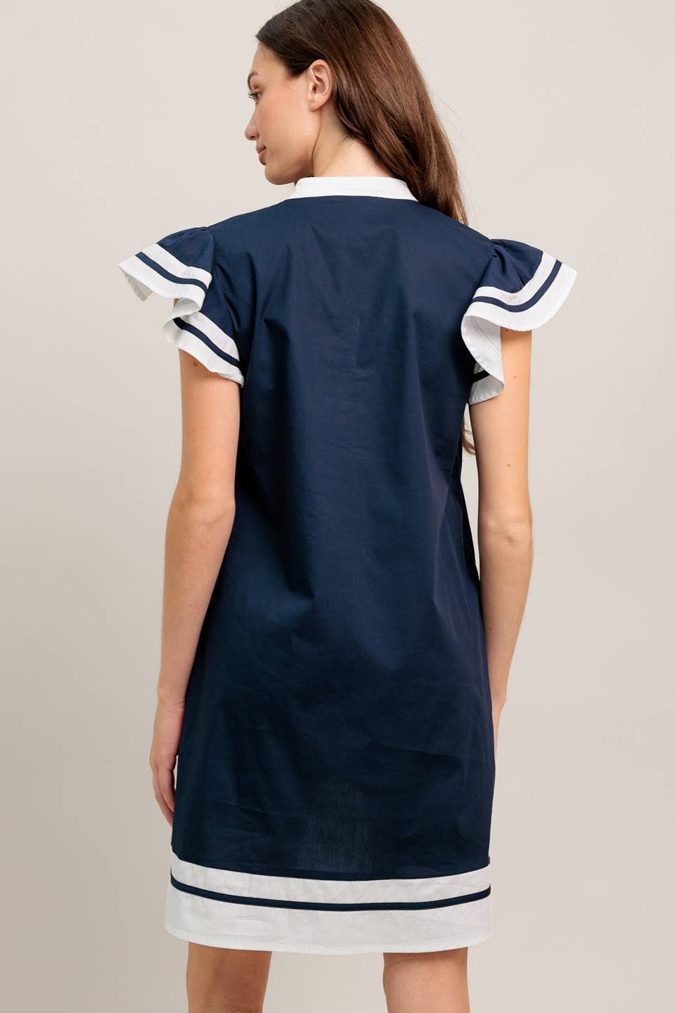 Navy Contrast Trim Flutter Sleeve Dress
