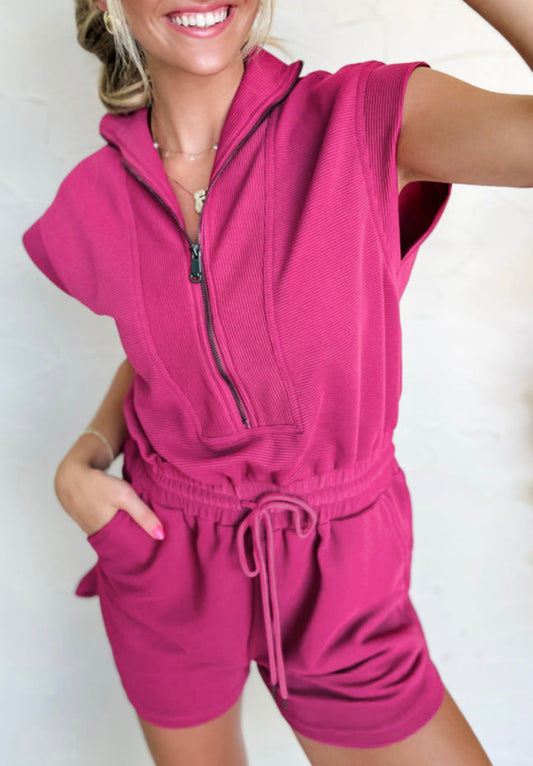 Bright Pink Textured Half Zip Romper