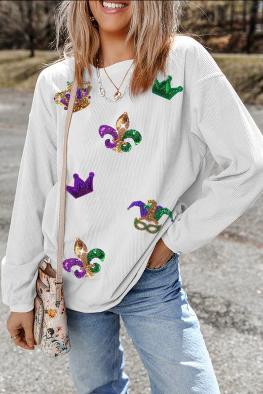 White Sequin Mardi Gras Sweatshirt