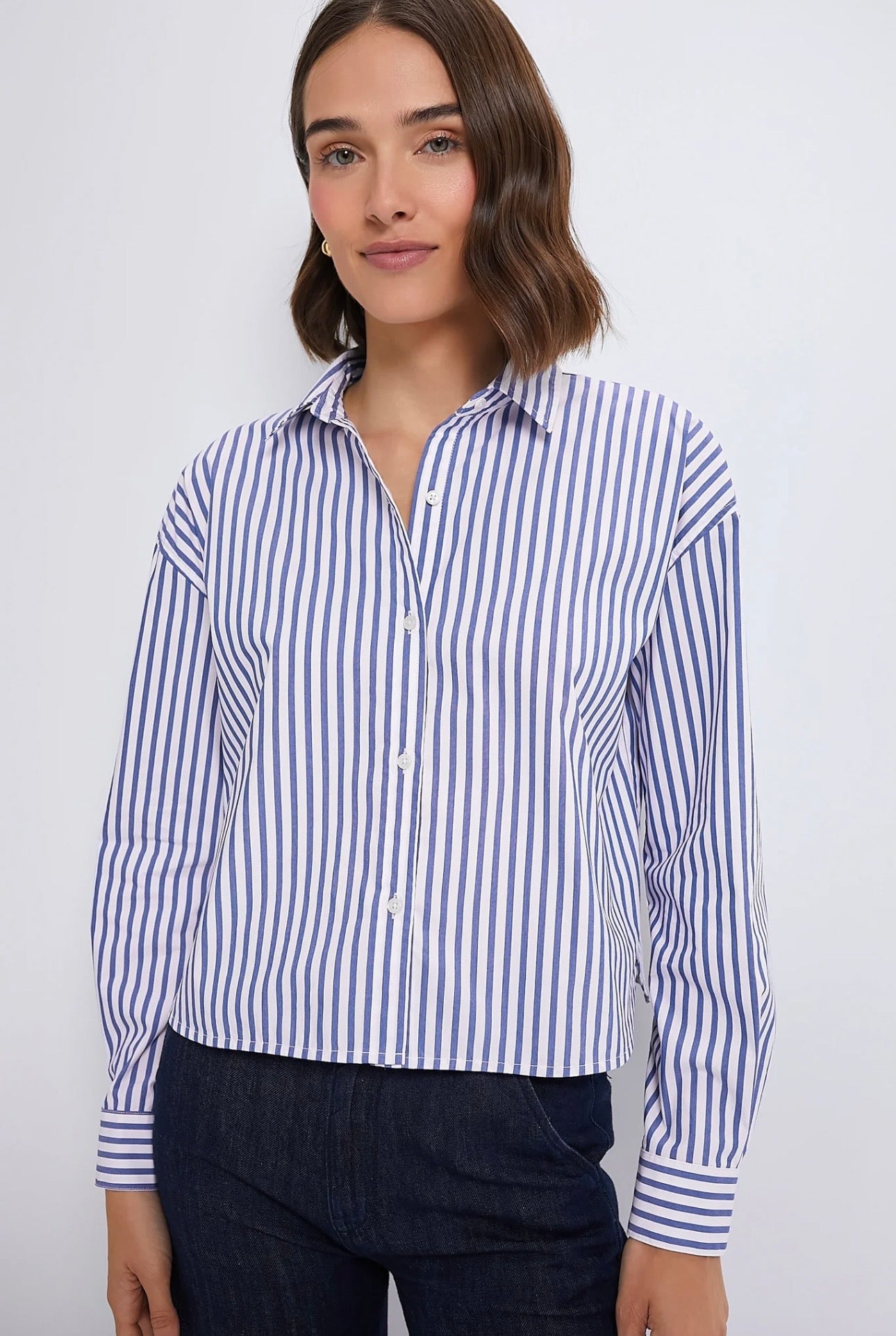 TUCKERNUCK Blue Stripe Cropped Jasper Button Down-Size Small