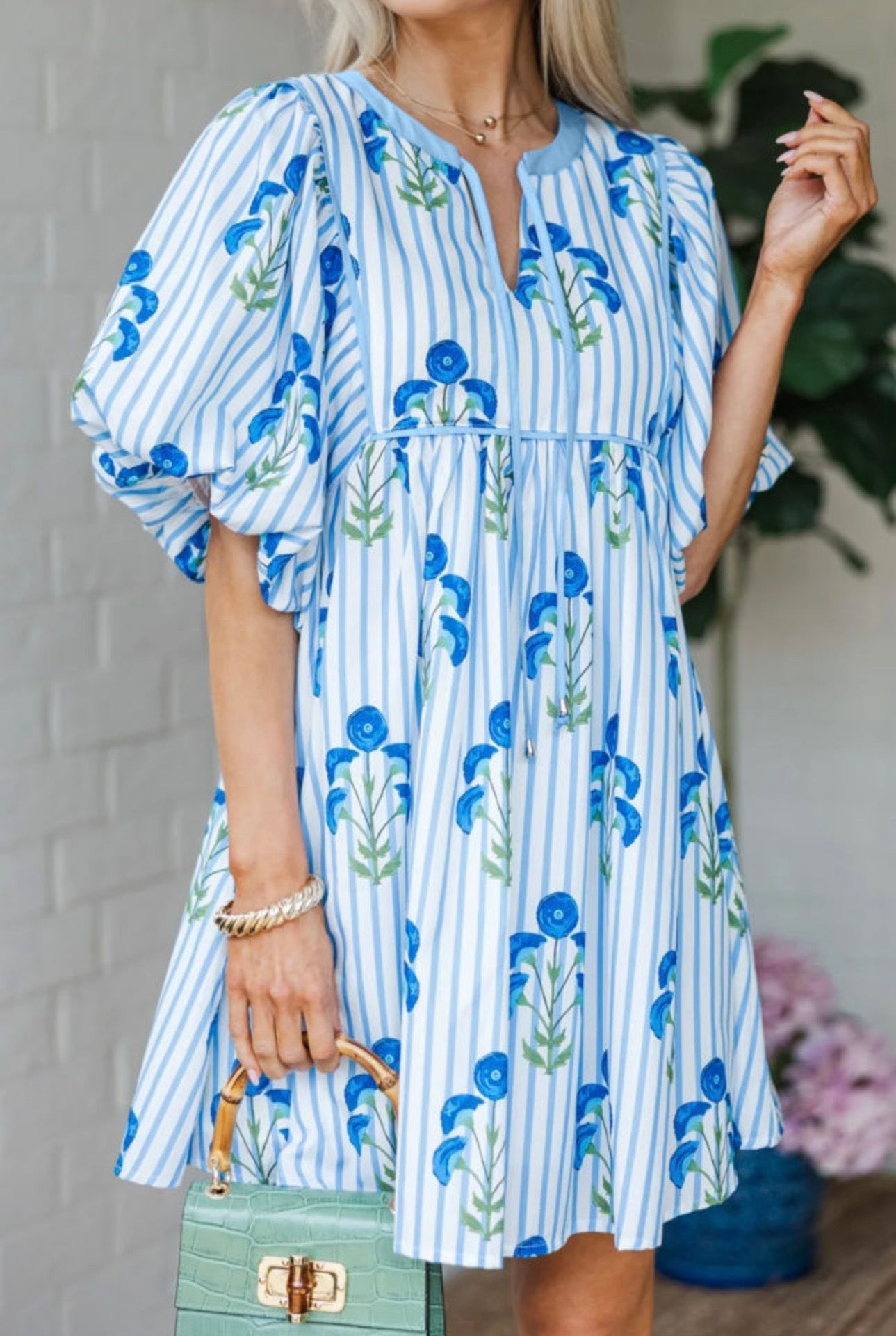 Blue Striped Floral puff Sleeve Dress
