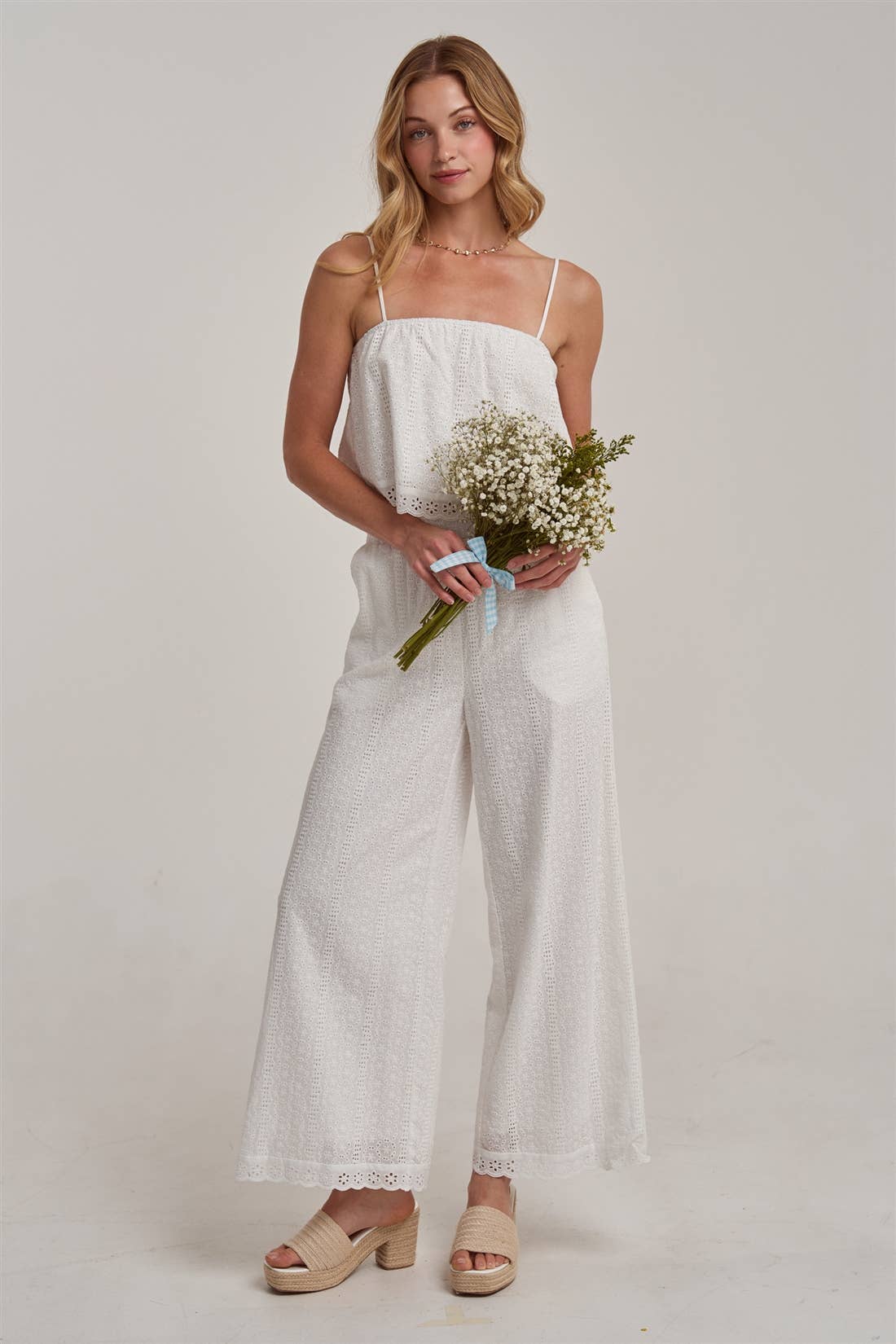 EYELET LACE CROPPED CAMI TOP AND WIDE LEG PANTS SUMMER SET