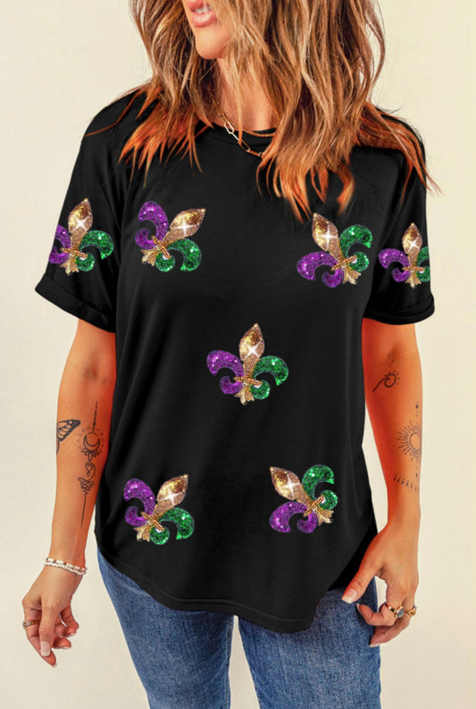 Black Sequin Fleur de Lis Short Sleeve Tee