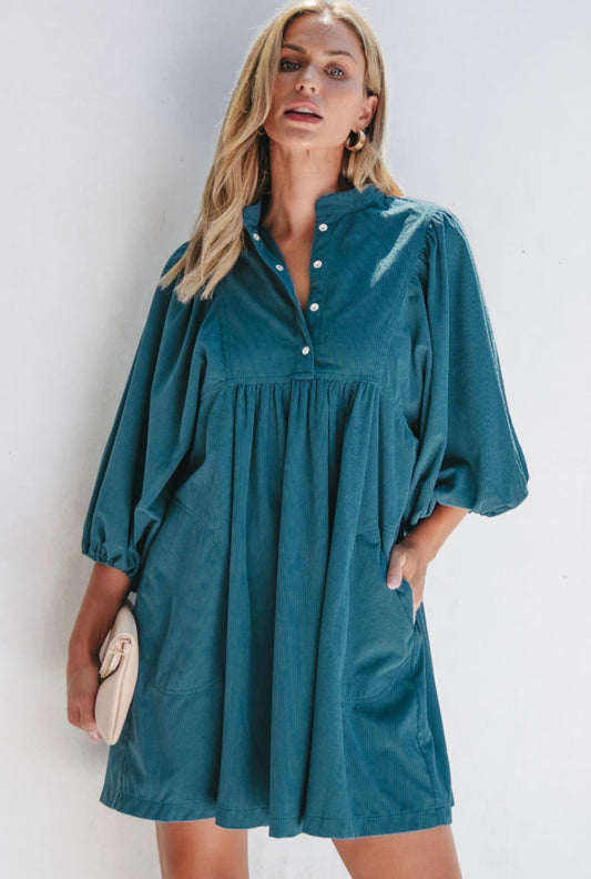 Teal Corduroy Empire  Waist Dress