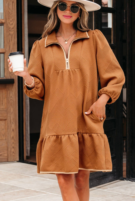 Camel Textured Drop Waist Dress