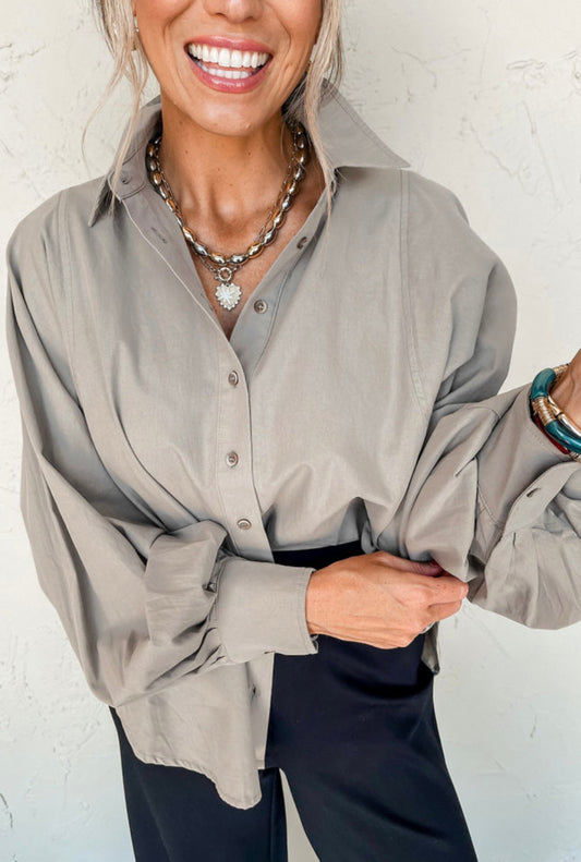 Taupe Collared Button Front Blouse