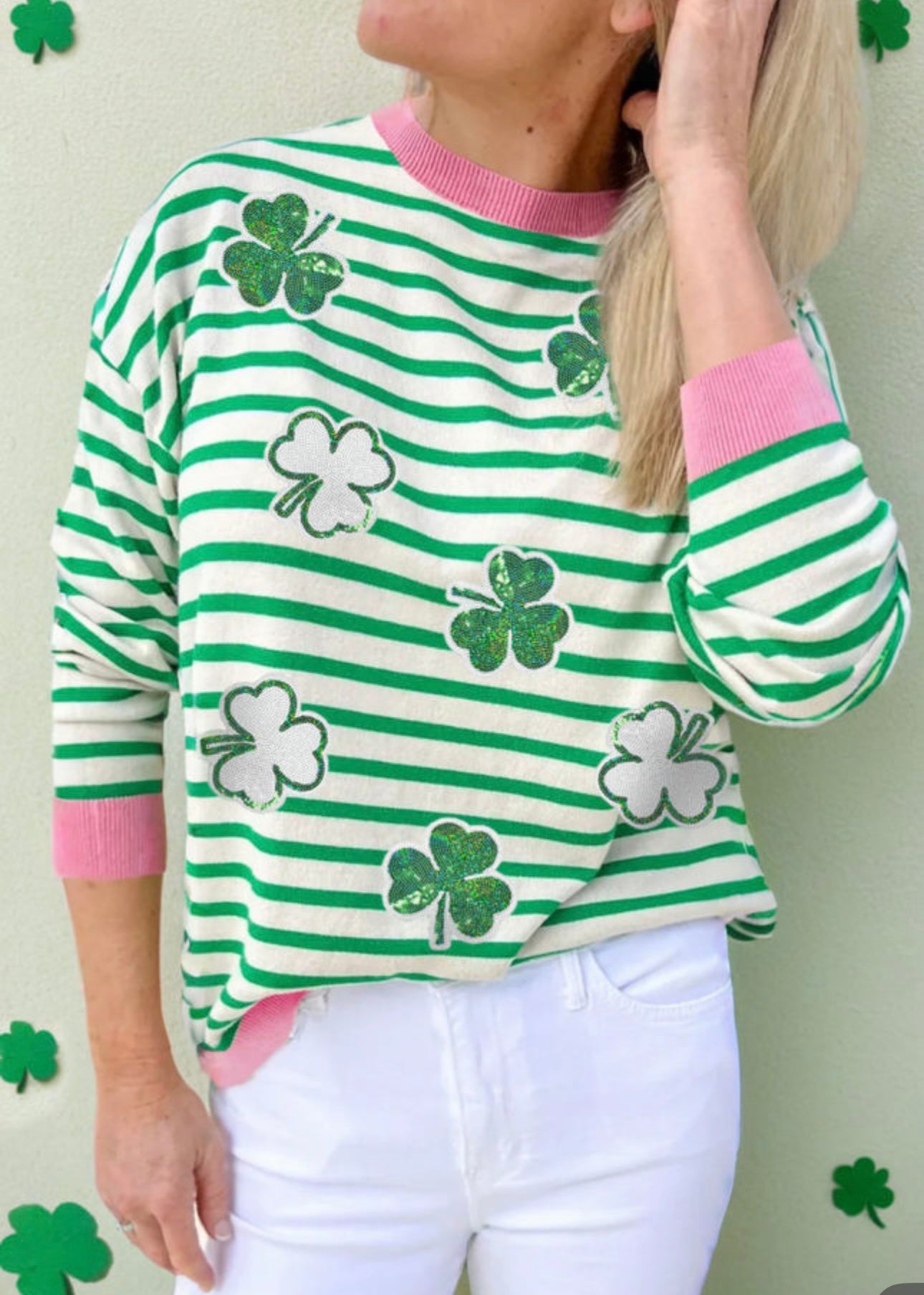 Sequin Clover Green Strip with Pink Trim Long Sleeve Tee