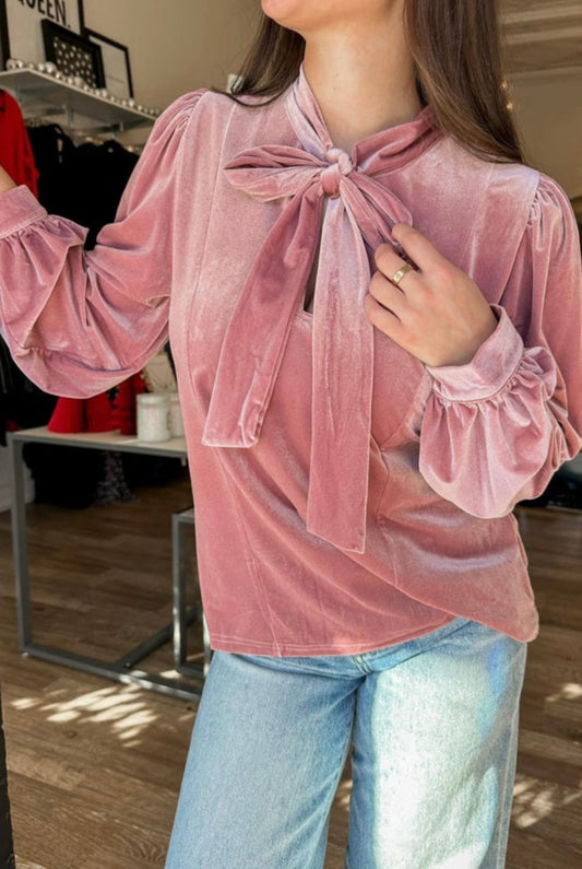 Pink Velvet Bow Blouse