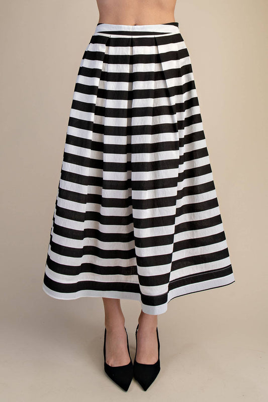 Black and White Stripe Full Pleated Midi Skirt