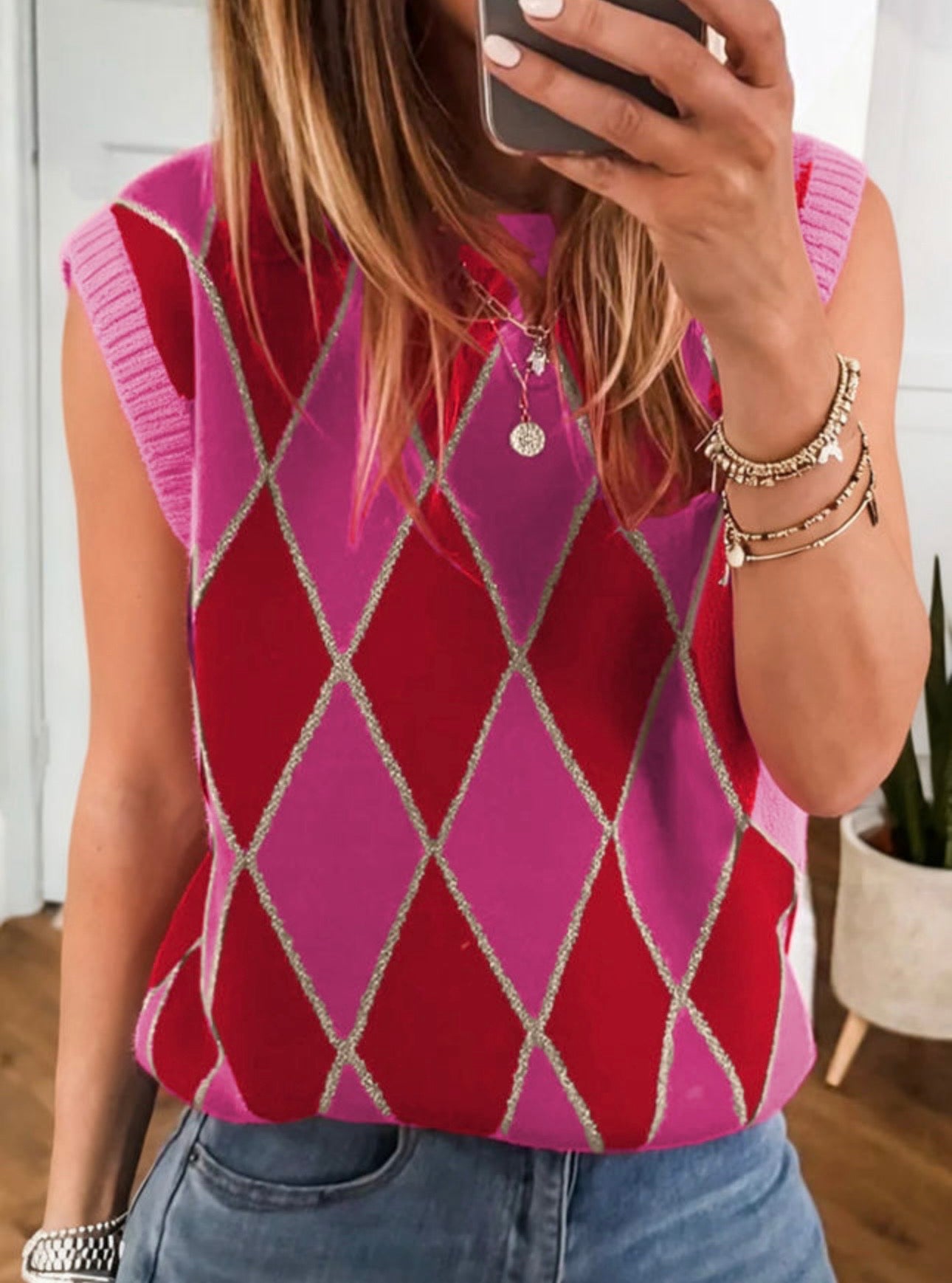 Pink and Red Geometric Glitter Sleeveless Sweater