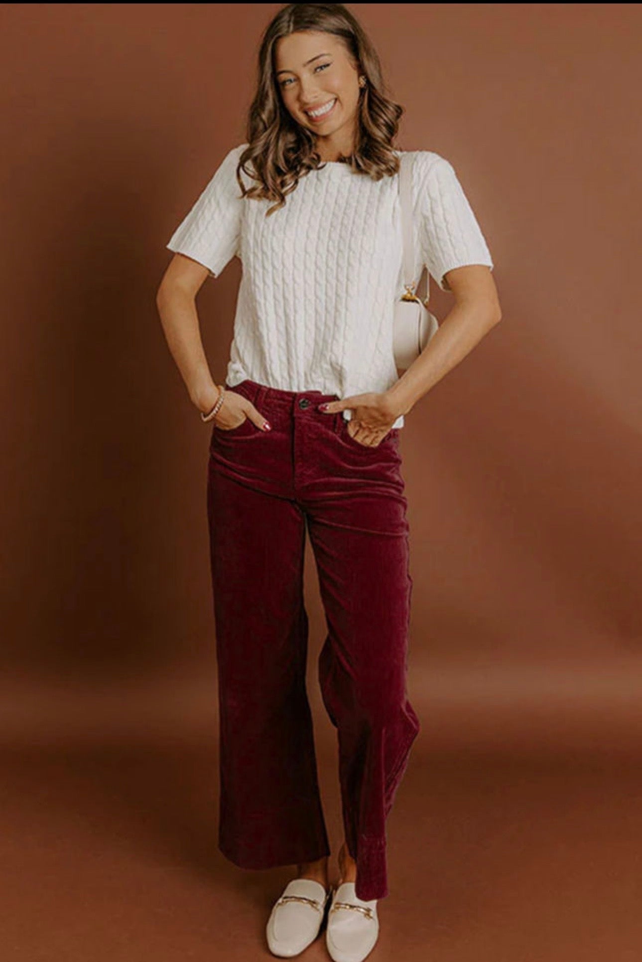 Burgundy Corduroy High Waist Wide Leg Pants
