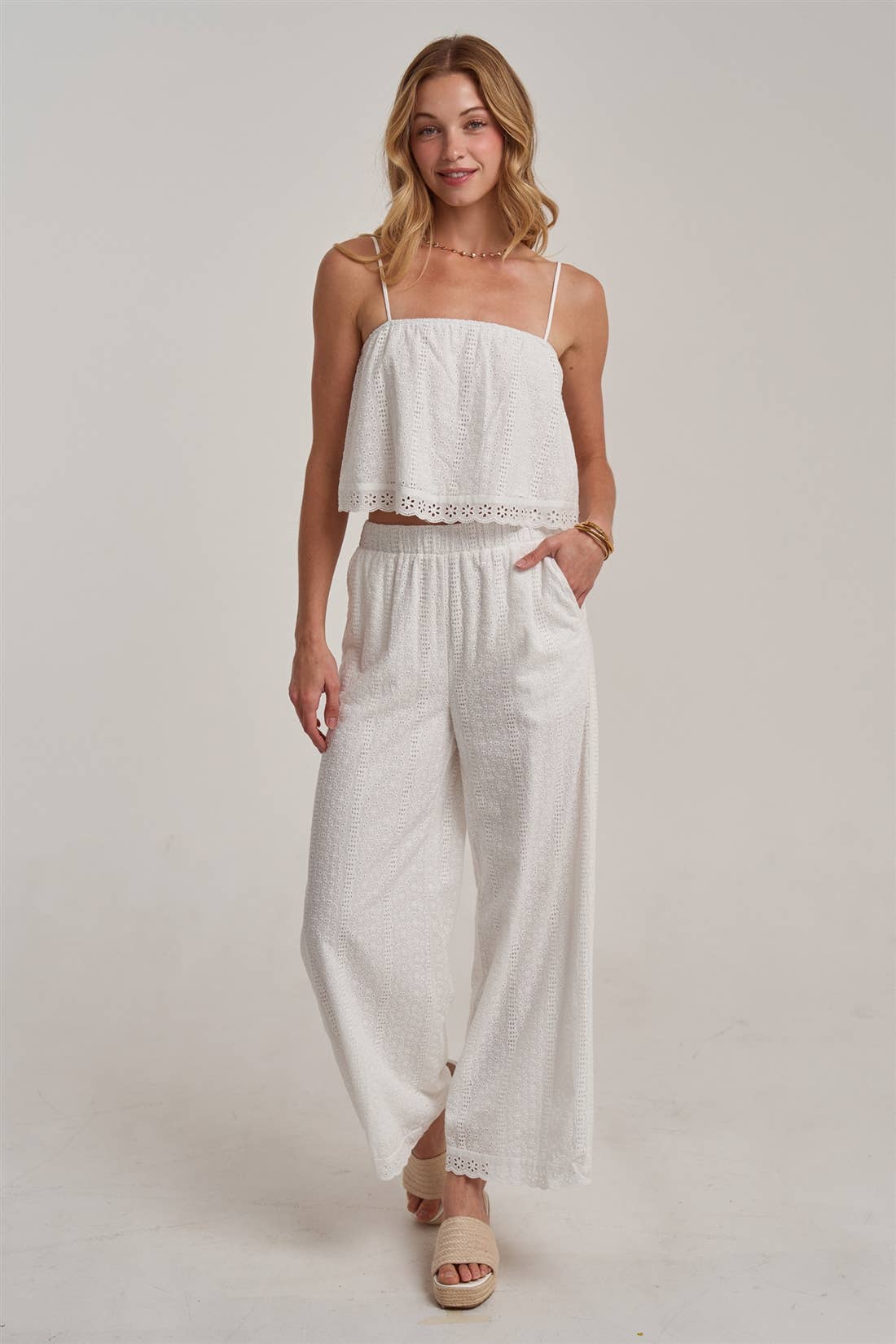 EYELET LACE CROPPED CAMI TOP AND WIDE LEG PANTS SUMMER SET