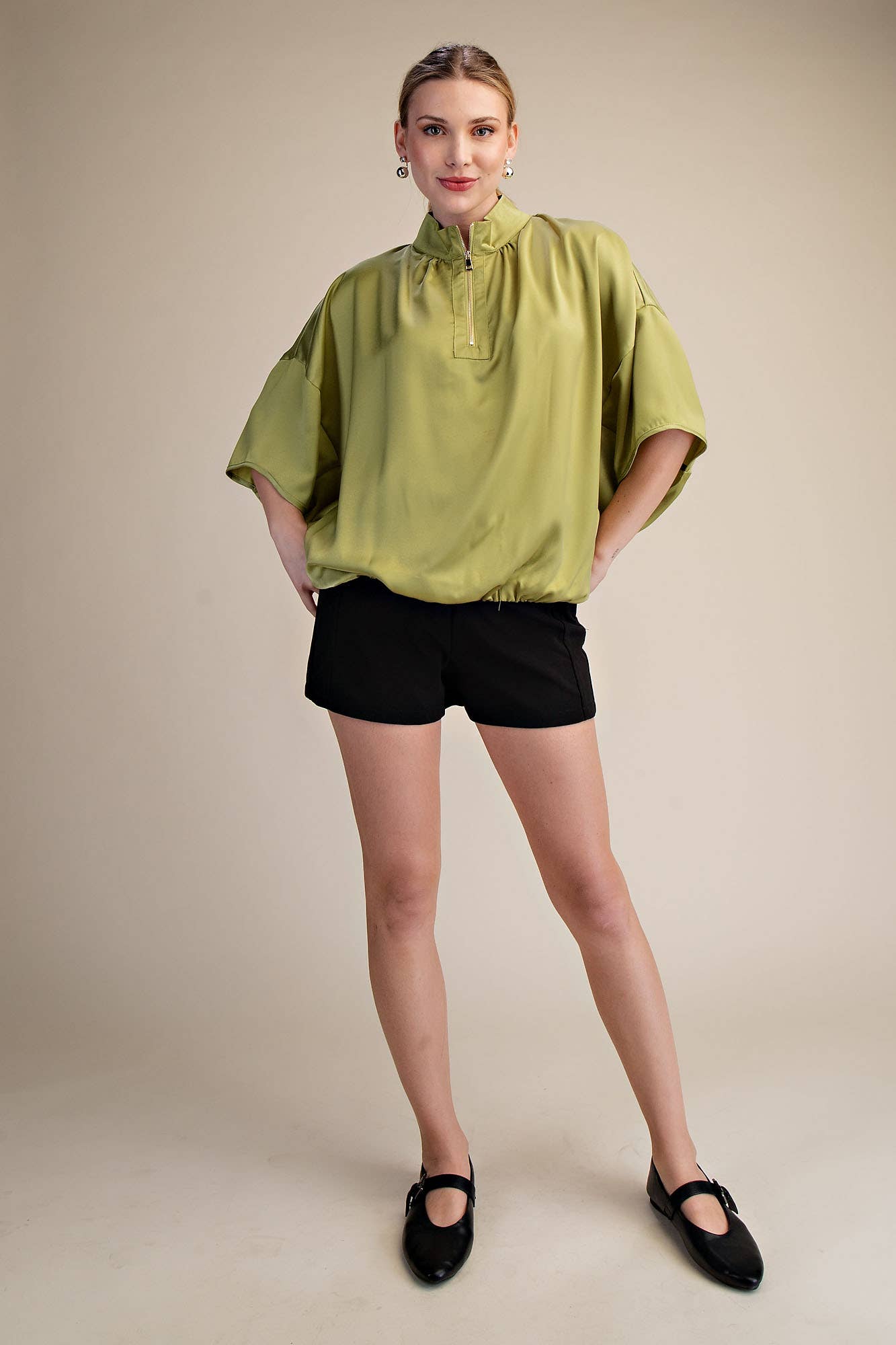 Chartreuse Elbow Sleeve Half Zip Satin Top