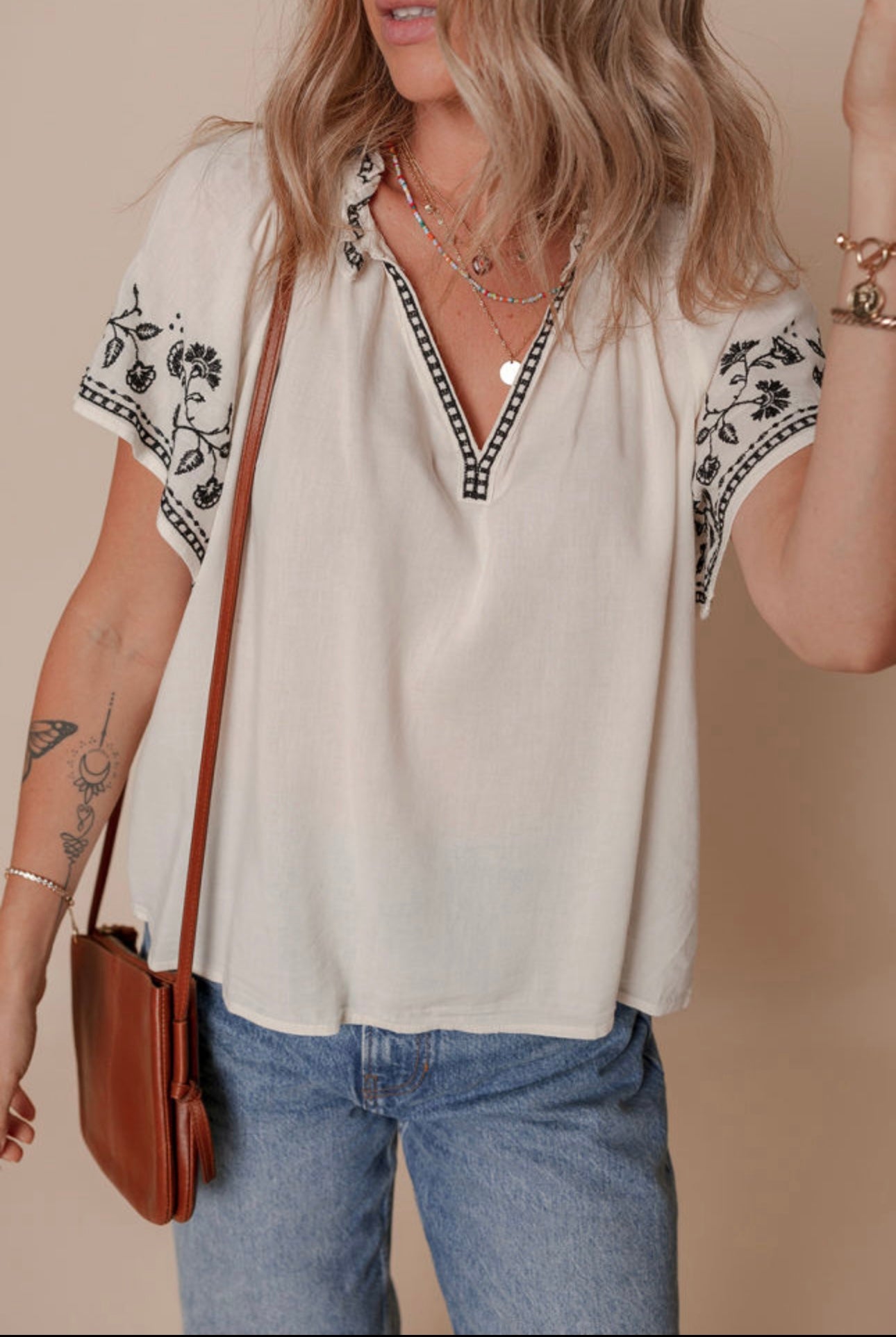 Embroidered Flowy V Neck Top