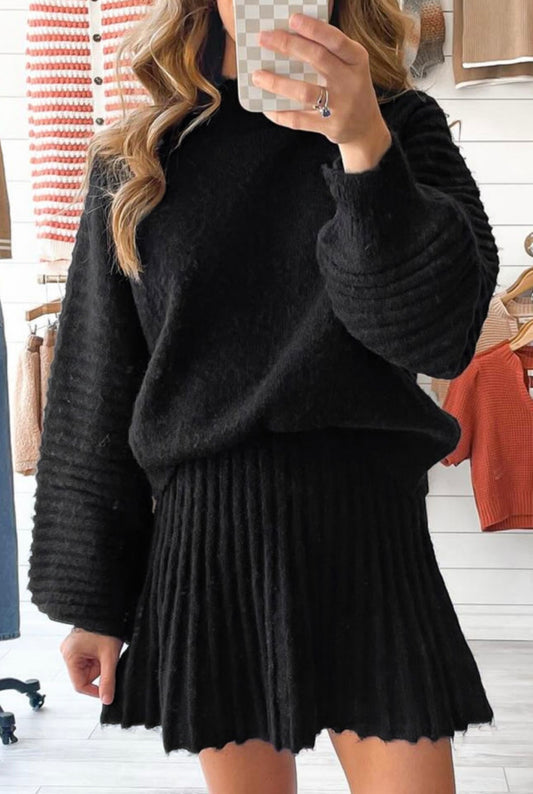 Black Puff Sleeve and Pleated Skirt Knit Sweater Set