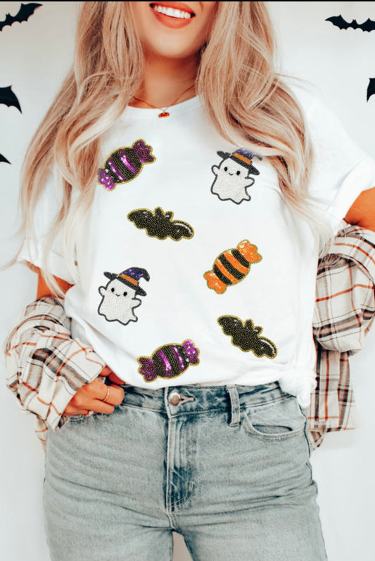 White Sequin Ghost, Bat & Candy Tee