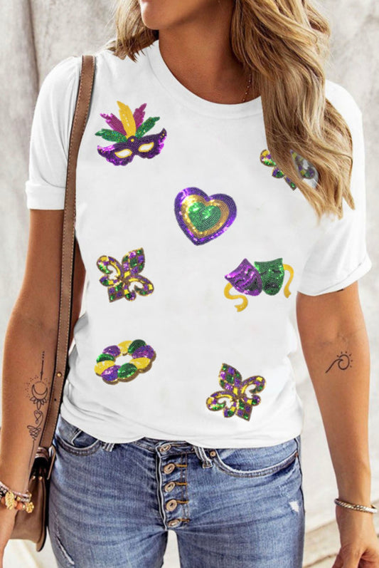 White Sequined Mardi Gras Symbolic Tee