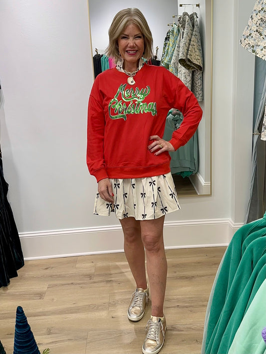 Red Sequined Merry Christmas Crew Neck Loose Fit Sweatshirt