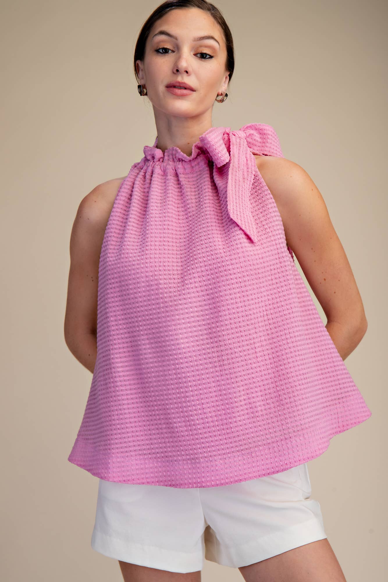 Pink Ruffle Neck Tie Sleeveless Top