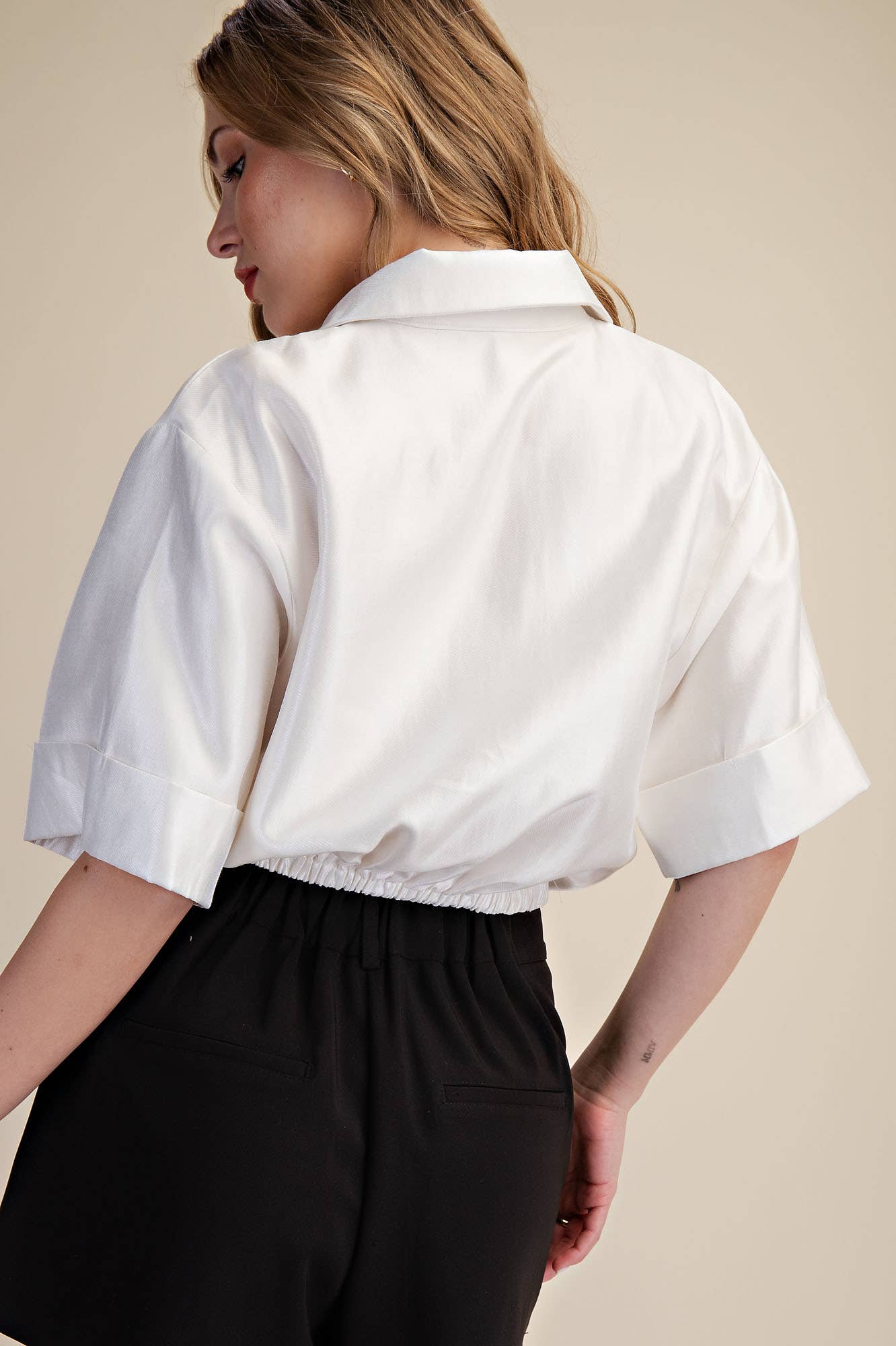 Deep Neck And Lapel Collar Short Sleeve Blouse