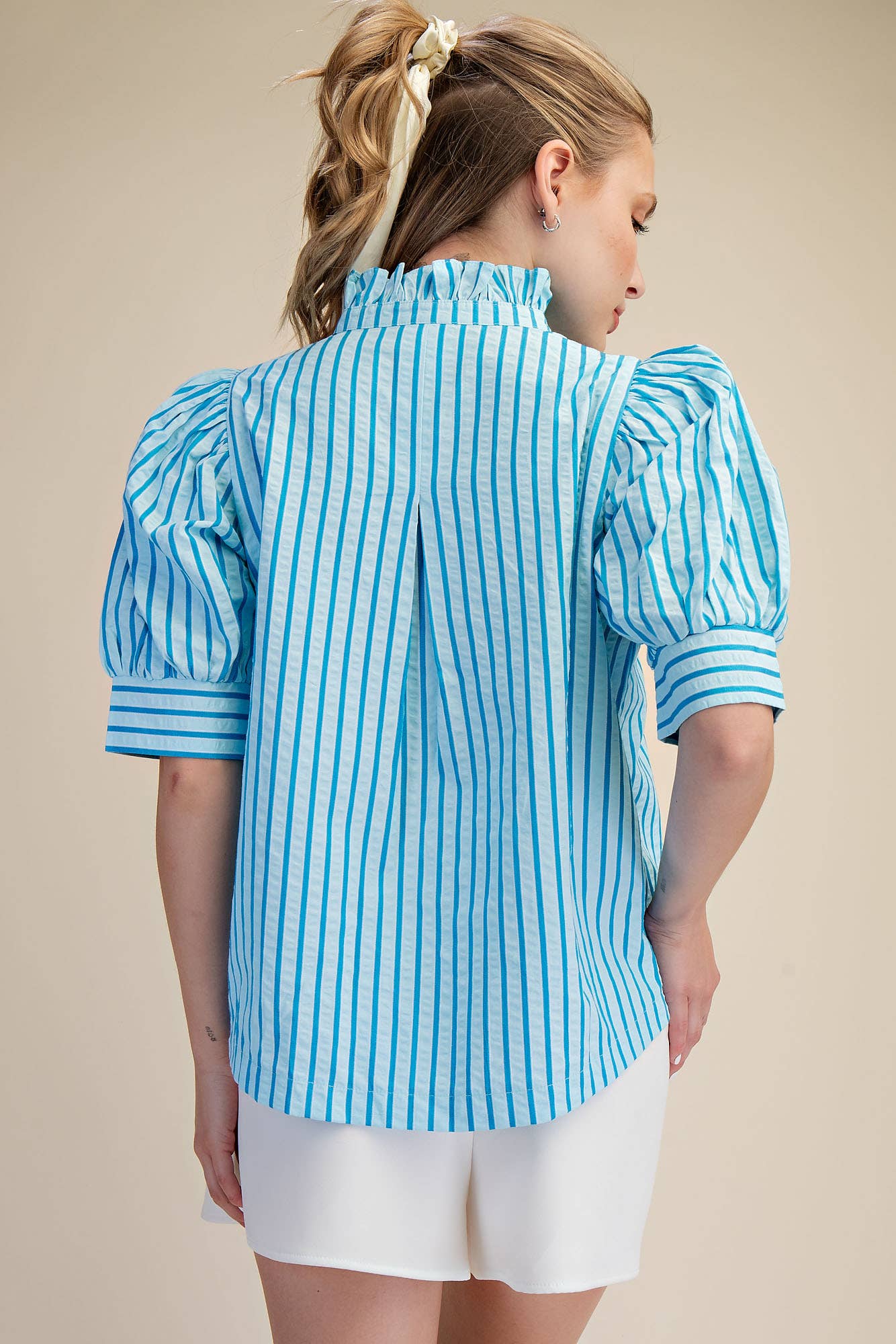 Blue Stripe Ruffle V-neck Puff Sleeve Button Down Top