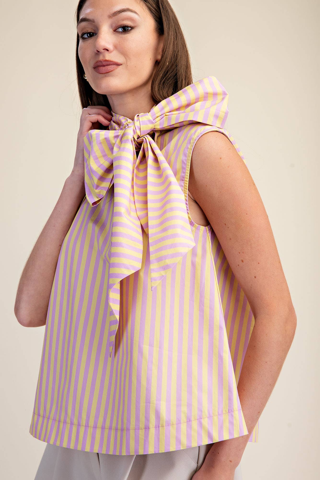 Lavender/Yellow Tie Neck Sleeveless Stripe Top