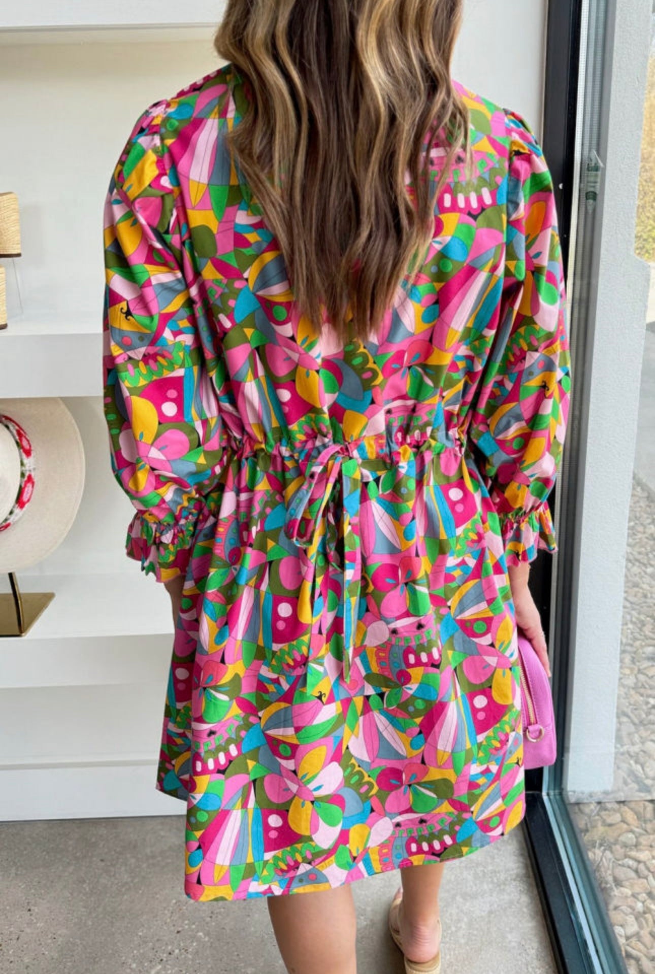 Pink Abstract Lantern Sleeve Dress