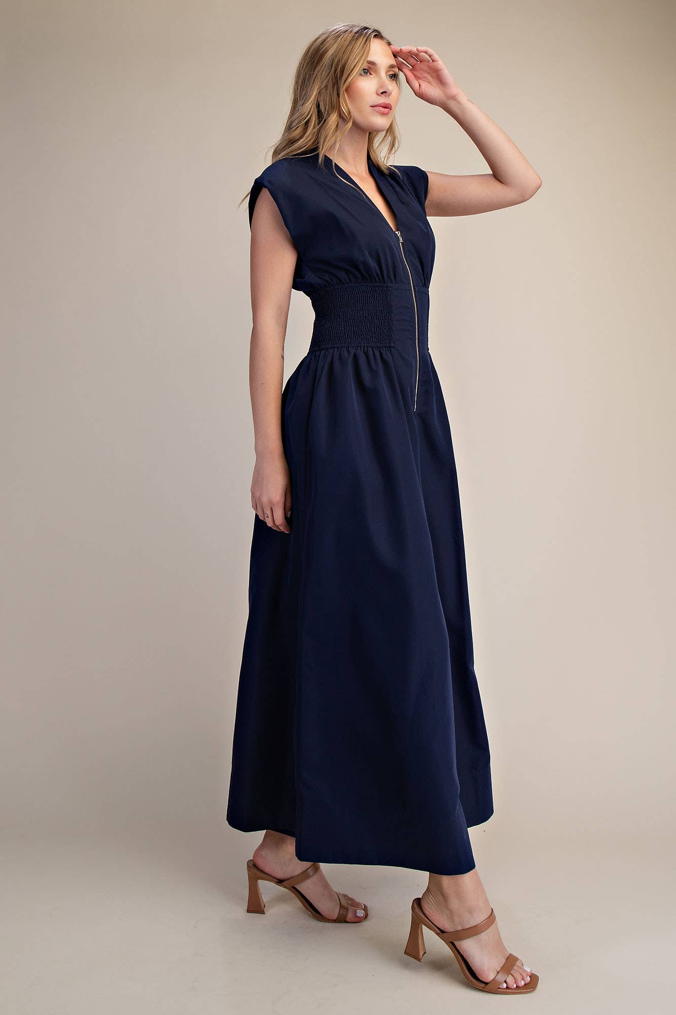 Navy Cap-Sleeve Smocked Front-Zip Jumpsuit