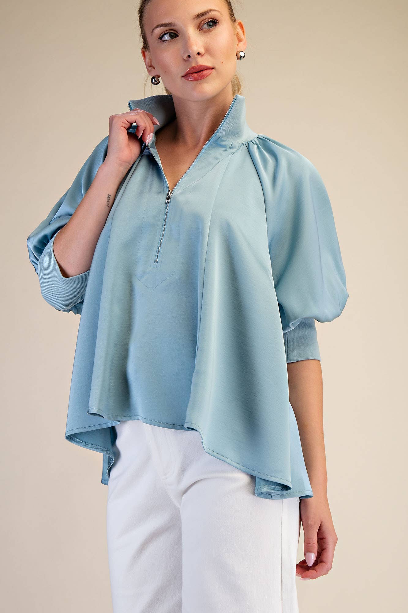 Light Blue Mock Neck Band Puff Sleeve Blouse