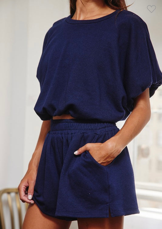 Bubble Hem and Sleeve Terry Top/Shorts Set, Navy