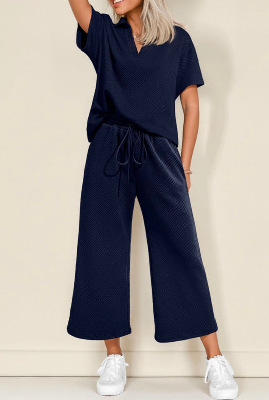 Navy V Neck Textured Comfy Set